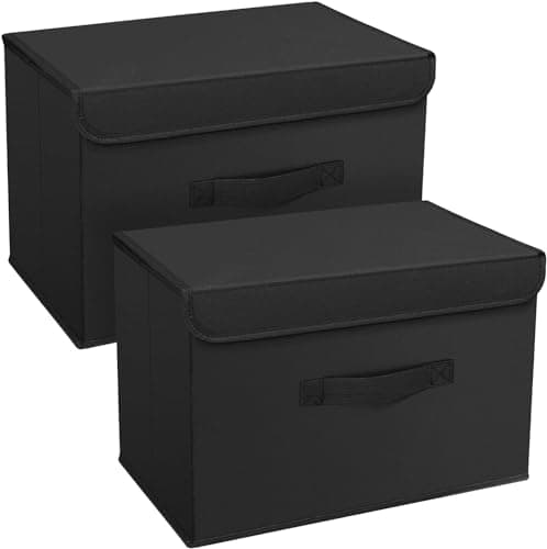 Image of Homsorout Foldable Storage Boxes with Lids - Wardrobe Organiser Bin with Handle Fabric Basket Containers for Clothes, Book, Shelf, Office, Large x2-23.75L, Black