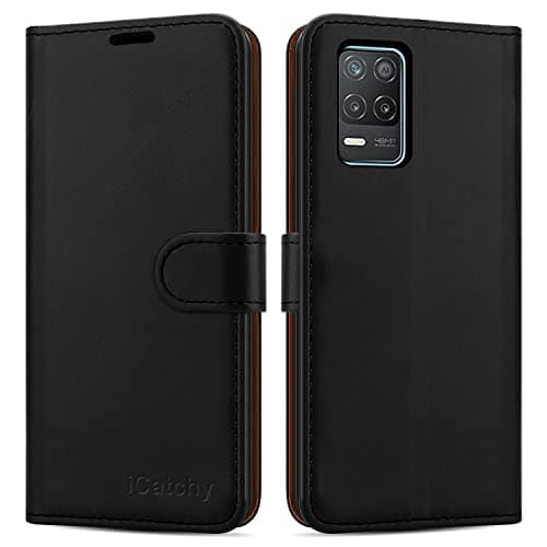Image of iCatchy for Realme 8 5G Case Leather Wallet Book Flip Folio Stand View Cover with Card Slots and Kickstand for Realme 8 5G Phone Cover (Black)