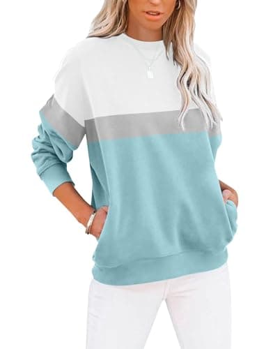 Image of Cuptacc Sweatshirt Women's Pullover Elegant Crew Neck Colour Block Women's Tops Loose Long Sleeve Shirt Pockets T-Shirt blue M