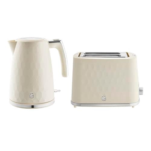 Image of Swan Hexton Kitchen Set, 1.7L Rapid Boil Kettle, 3000W and 2 Slice Toaster with 7 Browning Levels, 900W, Cream with Chrome Accents, SK19038CRM & ST19037CRM