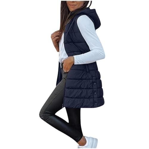 Image of OVARA Womens's Qulited Gilet Longline Full Zip Hooded Padded Vest Outdoor Thermal Long Puffer Gilets Ladies Body Warmer Sleeveless Winter Jacket with Pockets
