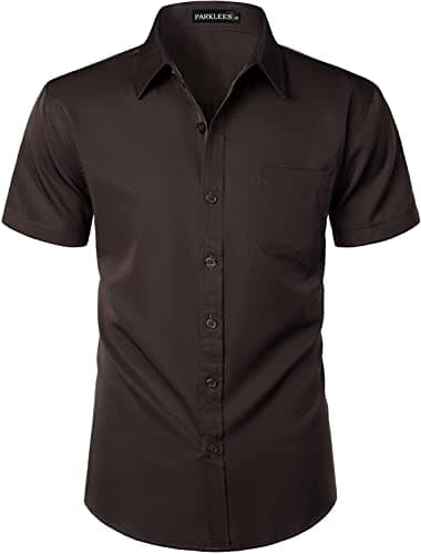 Image of PARKLEES Mens Casual Urban Stylish Slim Fit Short Sleeve Button Up Dress Shirt with Pocket Brown L