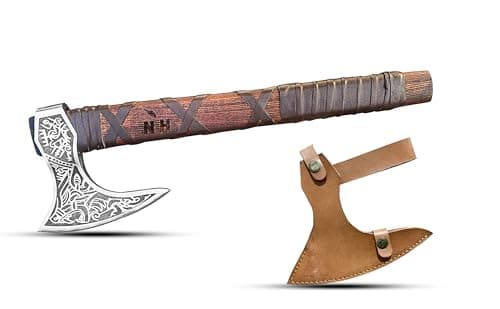 Image of NovaHaven Handmade Decorative Axe - Carbon Steel Blade with Ash Handle - Various Blade Designs with Leather Handle - Includes Protective Case - 4 Variants (Etched Blade)