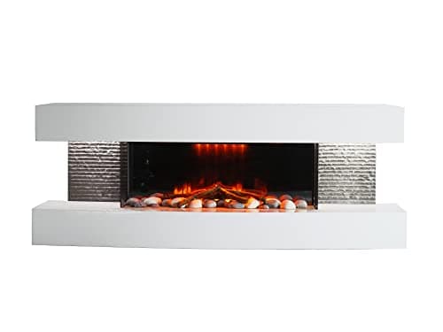 Image of AuraHome ® White 48 inch Wide 2000w Electric Feature Fireplace Concave Suite with LED 3D Flame Log & Pebble Fuel Bed, Decorative Sides, Flame Brightness Adjustment A Stunning piece