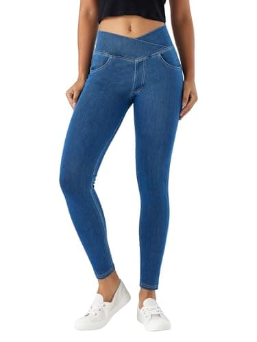 Image of LaiEr V Crossover Skinny Jeans Women High Waist Pull onTummy Control Casual Fitness Leggings, Highly Elasticity Soft Fabric with Side Pockets Yoga Pants(Medium BlueL)