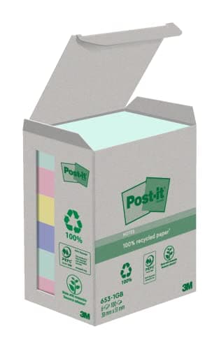 Image of Post-it Recycling Notes Assorted Colours, Pack of 6 Pads, 100 Sheets per Pad, 38 mm x 51 mm, Green, Pink, Yellow, Blue - Self-Stick Notes Made from 100% Recycled Paper