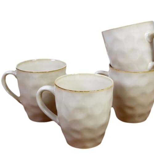 Image of Darthome Hammered Stoneware Mugs 380ml Set of Four Large Cream Dimple Round Kitchen Cups