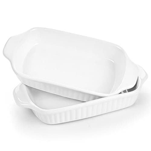 Image of Aleker Rectangular Lasagna Dishes Set of 2, 7.5In White Ceramic Serving Dishes Roasting Dish Baking Dish with Handles for Pie, Casseroles, Oatmeal, Cheesy Corn, Brownie Oven Dishwasher Safe