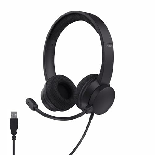 Image of Trust Roha II On-Ear USB PC Headset with ENC Noise Cancelling Microphone, Lightweight Design, 1.8m Cable, 85% Recycled Plastic, Wired USB C Headphones with Mic for Computer Laptop Mac Teams, Black