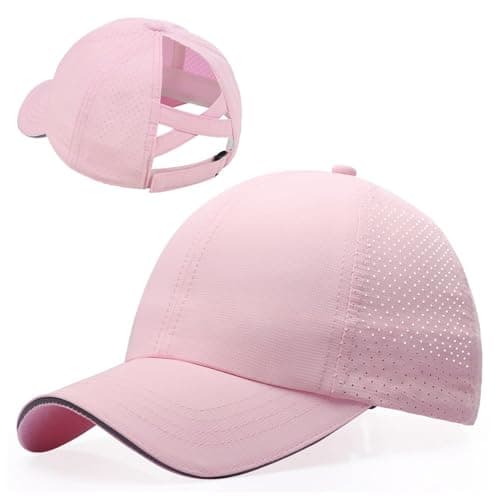 Image of CHUANGLI Little Girls Reflective Baseball Cap Criss Cross Ponytail Hat Kids Quick Dry Mesh Summer Sports Hat for Toddler Ages 3-8 Pink