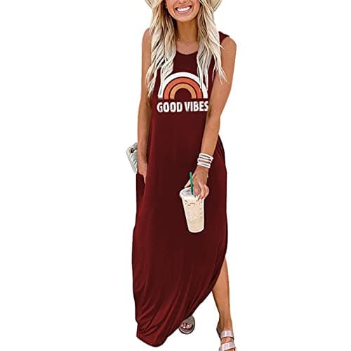 Image of Sxkayxr Women's Summer Sleeveless Maxi Dress Casual Loose Beach Good Vibes Tshirt Dresses with Pockets Red