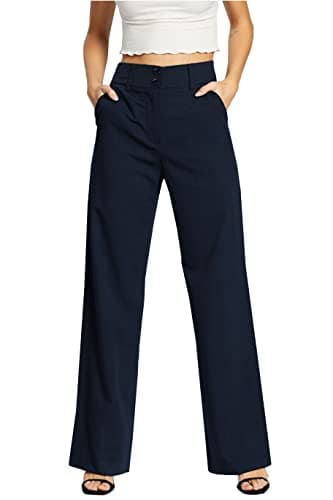 Image of femiss Womens Wide Leg Trousers | High Waisted Tailored Smart Office Workwear | Relaxed Fit Flared Formal Business Casual Pants with Pockets | Sizes 6-20 | (Blue-16)