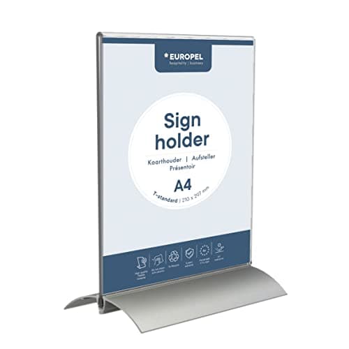 Image of EUROPEL Sign Holder (T-Standard, A4 Size, Portrait) – Clear Acrylic Construction – Double Sided Poster, Menu & Leaflet Display Holder with Aluminium Base – Free-Standing Design