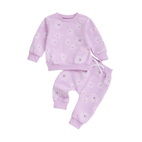 Image of Yigubigu Toddler Baby Girls Two Pieces Outfits Flower Print Jumper Sweatshirt Elastic Waist Pants Joggers Trousers Set Fall Winter Clothes Suits (Purple, 12-18 Months)