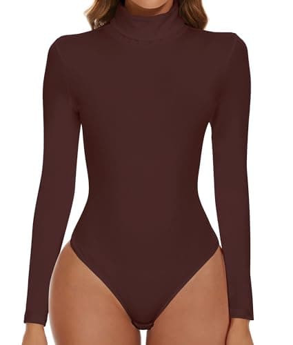 Image of SHAPERIN Bodysuit Turtle Neck Women Long Sleeve Body Suit Women's Bodysuits Tops Leotard One Piece Jumpsuit Top Elegant Brown Small