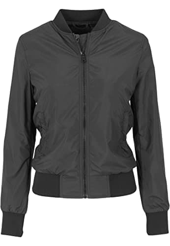 Image of URBAN CLASSICS Women's Light Bomber Jacket with Ribbed Cuffs, Lightweight Flight Jacket for Mid-Season Weather, Longsleeve Jacket with Zipper & Pockets, Colour: Black, Size: Small