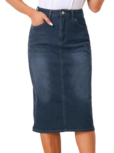 Image of Allegra K Casual Denim Skirt for Women's High Waist Stretchy Midi Jean Skirts Black Blue M