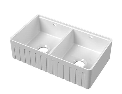 Image of Balterley 795mm Butler White Kitchen Sink, Fluted Front Double Bowl Stepped Weir with Ledge & Overflow Hole, Durable Butler Fireclay Ceramic Kitchen Sink Bowl, Apron Front - 795 x 500 x 220mm (White)