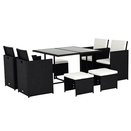Image of Outsunny 8 Seater Rattan Cube Garden Furniture Set, Space Saving Outdoor Dining Set with Cushions, Garden Table and Chairs with 4 Armchairs, 4 Footstools, Square Glass Top Table, Black