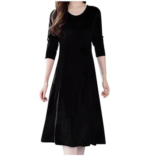 Image of Dresses Winter Women Neck Velvet Long Sleeve Slim High Waist Midi Dress Cocktail Dress (Black, M)