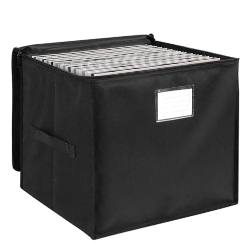 Image of bruwaa 12-inch Vinyl Record Storage Box，Record Storage Case with Lid & Handles, Stackable & Collapsible Records Crate Holds up to 90 LP Records, Organizer for Valuable Albums, CDs - Black