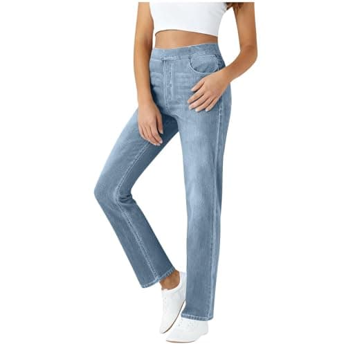 Image of Jeans for Women Slim Fit Straight Leg Denim Pants Pull on Stretchy High Waisted Jeans Ladies Skinny Full Length Trousers with Pockets Casual Office Work Daily Wear