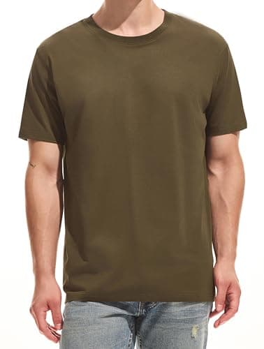 Image of RONOMO Men's Solid Colour T-Shirt 95% Cotton 5% Spandex | Pre-Shrunk Washed | Reinforced Ribbed Collar | Colourfast | Casual Basic Tee Slim Fit(LW Army Green L