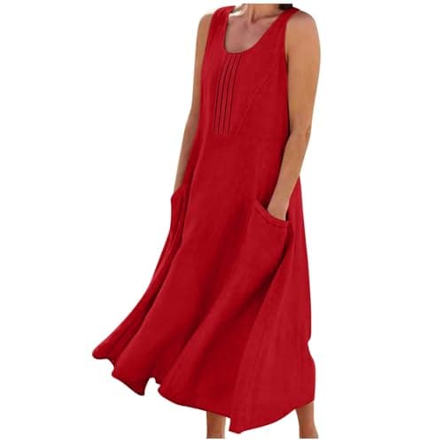 Image of AMhomely Cotton/Linen Summer Midi Dresses for Women UK-Elegant Pleated Ladies Dresses,Beach Dress with Pocket,Solid Crewneck A-line Sundress,Holiday Vacation,Party,Travel,Pregnant A Red M