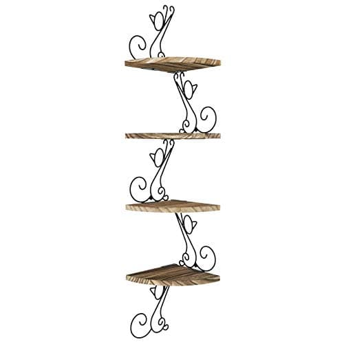 Image of Alsonerbay Wall Mounted Corner Shelf with 4 Tiers, Rustic Wooden Cat Shaped Floating Shelf, Metal Corner Stand for Bedroom, Living Room, Bathroom, Kitchen, Office, Etc, Black Carbonized