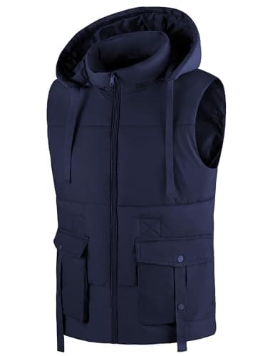 Image of ZITY Mens Padded Gilet Warm Sleeveless Jacket Winter Puffer Vest Hoodie 5 Pockets Quilted Running Gilet for Work Hiking Fishing,Navy Blue,M
