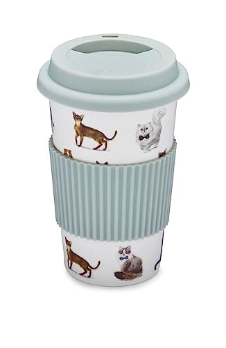 Image of Cooksmart British Designed Travel Cup with Silicone Band | Travel Mugs for Hot Drinks Perfect for On The Go | Hot Drinks Travel Mug with Lovely Designs - Curious Cats