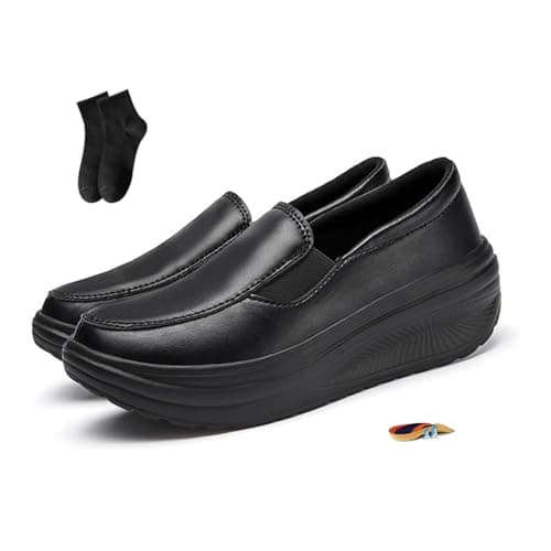 Image of POIOZXD Women's Ergonomic Pain Relief Arch Support Leather Shoes, Platform Wedge Women's Walking Shoes Slip on Loafers Comfy Lightweight Rocker Bottom Sneakers Nurse Shoe (Black,6)