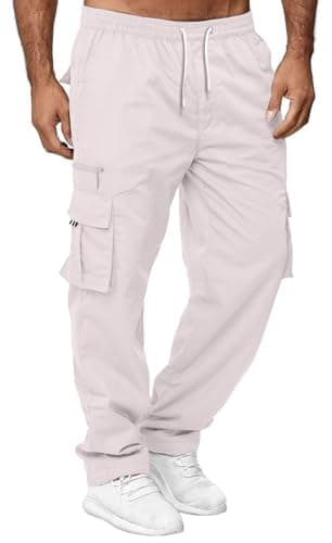 Image of CTU Mens Cargo Trousers Elasticated Waist Pants Work Straight Fit Jogger Outdoor Pants Utility Pockets White XL