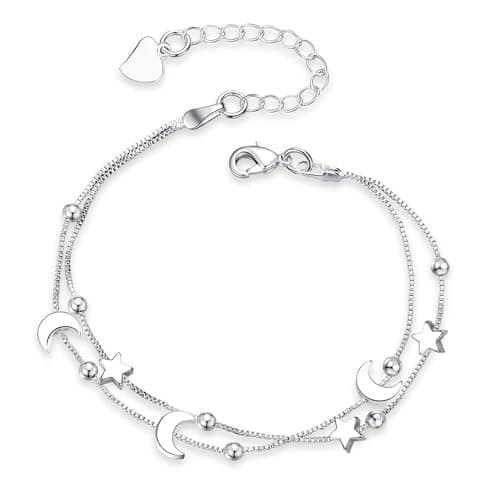 Image of ALEXCRAFT Sterling Silver Double Layered Star Moon Bracelet for Women Adjustable Stacking Silver Star Moon Layered Sandblasted Bracelet Jewelry for Women Ladies Trendy Jelwery Gifts