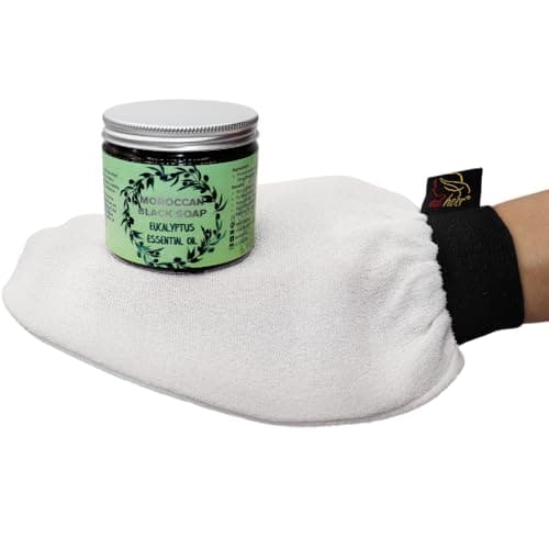 Image of AL HOOR Moroccan Black Olive Soap Infused In Eucalyptus Oil + Kessa Glove - Deep Acne Cleansing & Dead Skin Cells Remover (Eucalyptus/White Kessa)