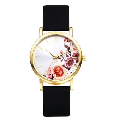 Image of JewelryWe Silicone Watch for Women - Simple Flower Painted Dial Analog Quartz Watches Elegant Cute Black Wristwatch for Ladies Students