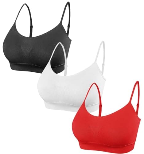 Image of SHEKINI 3 Pcs Women's Sport Bra Seamless Padded Bralettes Yoga Bras Adjustable Leisure Stretch Crop Tops Cami Bras for Women Girl, Black+White+Red