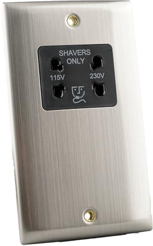 Image of Dual Voltage Shaver Socket – 115V / 230V – Brushed Chrome Slim Edge – Stainless Steel Bathroom Wall Outlet – BS EN 61558 Compliant – 1 Gang Shaving Socket – 1 Pack
