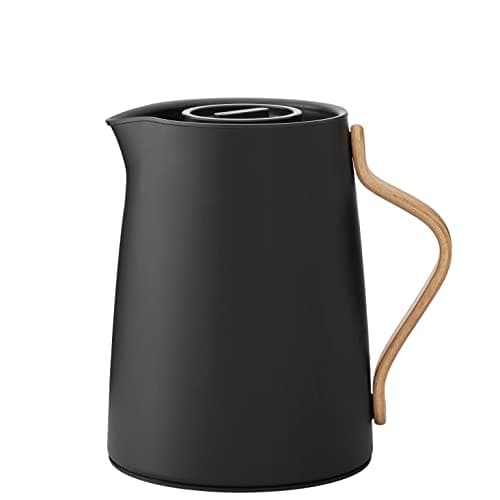 Image of Stelton Emma Vacuum Tea Jug, 1L, Soft Black, Lacquered Stainless Steel with Built-in Smart Filter & Beech Wood Handle - Modern Scandinavian Design for Perfect Tea