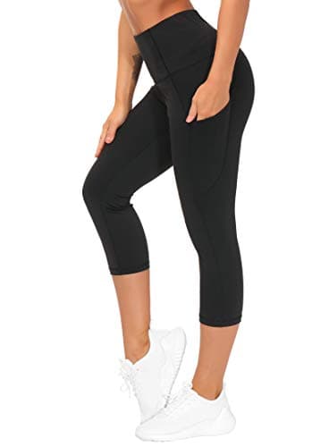Image of THE GYM PEOPLE Women's High Waistd Capri 3/4 Length Yoga Leggings with Pockets,Tummy Control Yoga Pants for Ladies Sports Running, Black, L