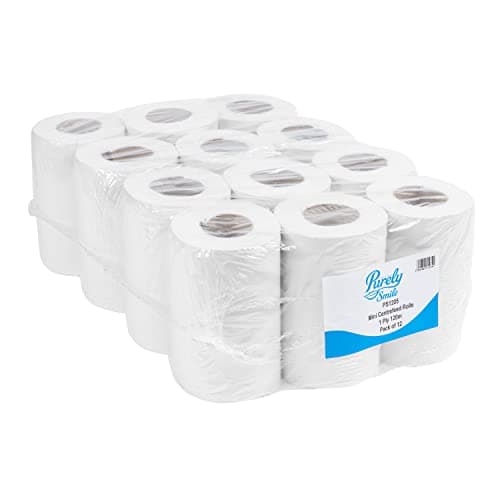 Image of Blake & White 1 Ply Mini Centrefeed White Tissue Rolls - Purely Smile Paper Towel Roll for Wiping Surfaces & Drying Hands - Strong & Ultra Absorbent 120m Tissue Paper Roll - Pack of 12