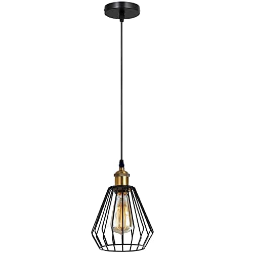 Image of LEDSone Vintage Black-Hanging Pendant Light Metal-Diamond Wire Cage Adjustable Cable Indoor Lamp for Restaurants, Children's Room, Any Room, Bar (with Bulb, Single Pendant Light)