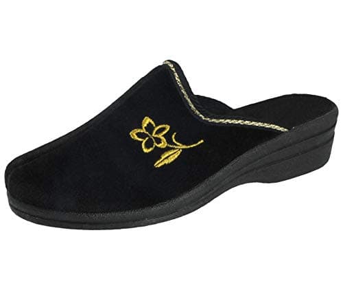Image of Yinka Shoes Ladies Velour Embroidered Flower Wedge Slip On Hard Sole Backless Mule Slippers Size 3-8 (6 UK, Black)