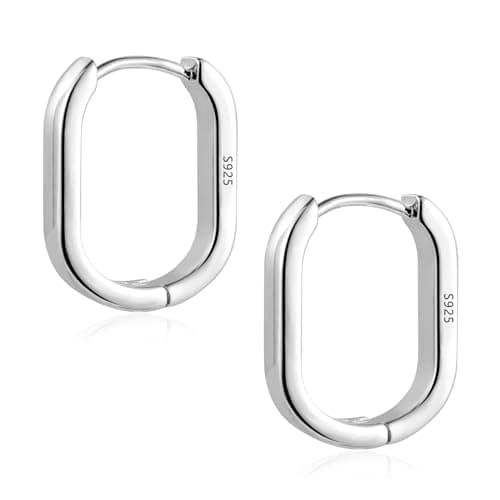 Image of Silver 925 Earrings for Women, Square Huggie Hoop Hypoallergenic Small Earrings Rectangle Huggie Earring Small Thick Earring Geometric Hoop Women Girls