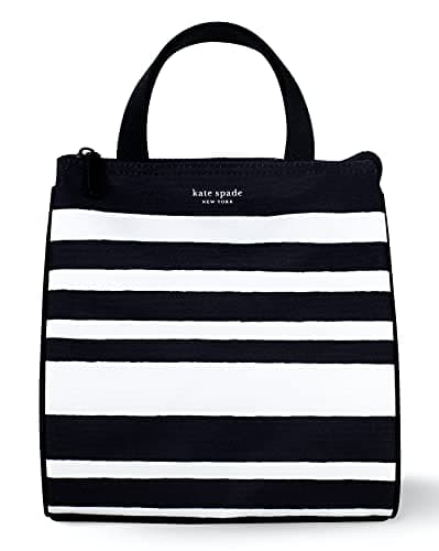 Image of Kate Spade New York Black Portable Soft Cooler Lunch Bag, Thermal Tote with Silver Insulated Interior Lining and Storage Pocket, Sarah Stripe