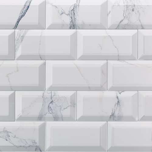 Image of Metro Marble White & Grey Ceramic Wall Bathroom Tile Subway Brick Effect 100mm x 200mm Bevelled Edge Kitchen Tiles Gloss Finish 1m2 Box of 50