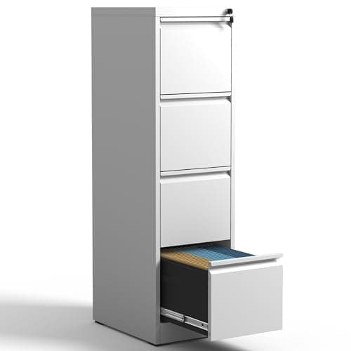 Image of IKIMI 4 Drawer File Cabinet with Lock,White Metal Filing Cabinets,Vertical File Cabinet for Home Office,Heavy Duty Metal Storage Cabinet for A4/Letter/Legal Size File,Assembly Required