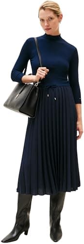 Image of Tommy Hilfiger Women’s Slim Rib Mix Midi Dress, Blue (Dark Night Navy), XS