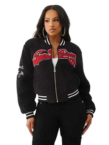 Image of True Religion Varsity Chenille Bomber Women’s Jacket | Winter Coat for Women with Bold Patches & Snap Buttons, Jet Black, M