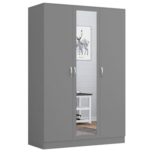 Image of Nera 3 Door Wardrobe for Bedroom 120cm Wide with Mirror Shelves and Hanging Rail Storage Cabinet (Grey)